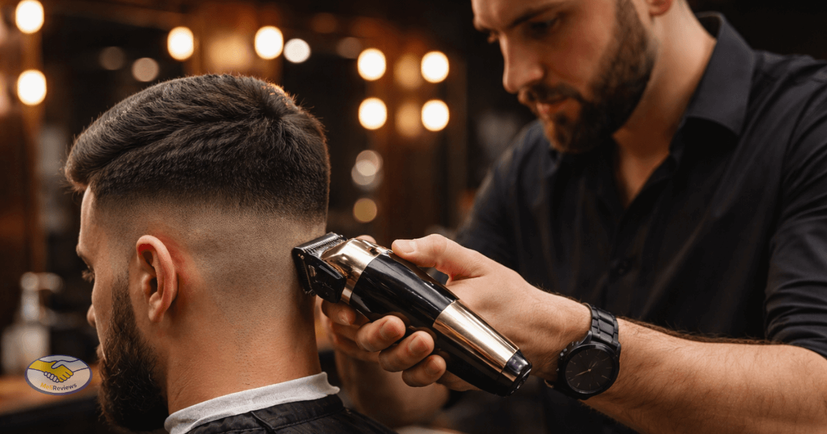 Barbeiro utilizando a melhor máquina de corte profissional em ambiente de barbearia moderna, realizando acabamento preciso em corte masculino Imagem representando máquina de corte profissional em uso real destacando desempenho e precisão no acabamento