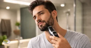 Homem utilizando o Melhor Aparador de Pelos do Mercado Livre em banheiro moderno e iluminado Destaque para o aparelho elétrico em uso, mostrando precisão no acabamento da barba