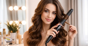 Mulher utilizando o Melhor Babyliss Mercado Livre para criar ondas definidas e brilhantes em cabelo longo Imagem representando modelador de cachos moderno com acabamento profissional e uso doméstico